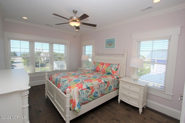 bedroom featuring multiple windows, ceiling fan, dark hardwood / wood-style floors, and crown molding