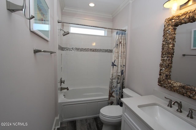 full bathroom with toilet, wood-type flooring, shower / bathtub combination with curtain, ornamental molding, and vanity