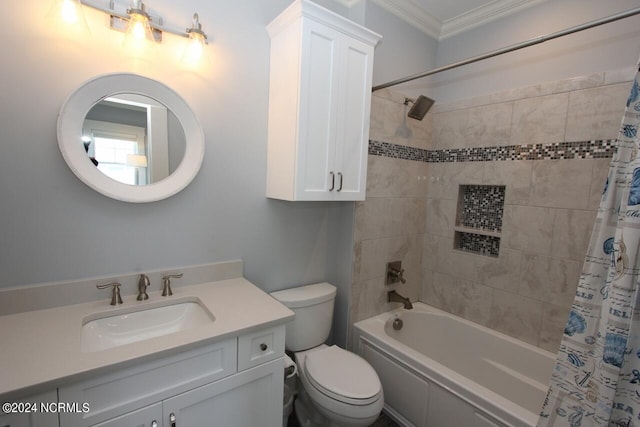 full bathroom with vanity, shower / bath combination with curtain, ornamental molding, and toilet