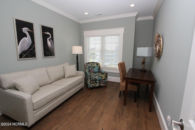 living room featuring ornamental molding and dark hardwood / wood-style floors