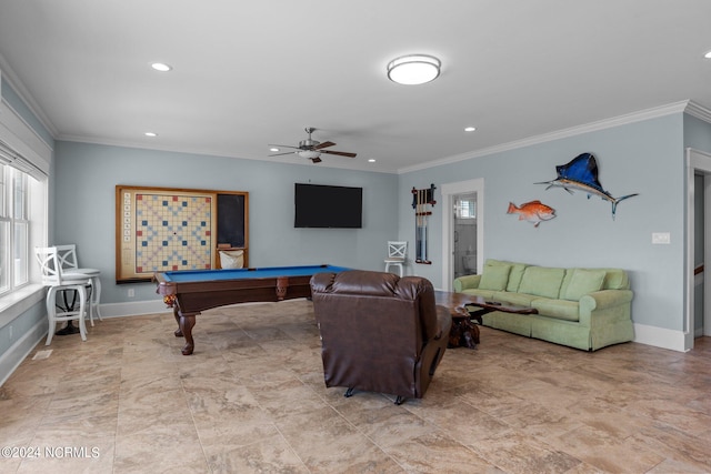 playroom featuring crown molding, billiards, and ceiling fan