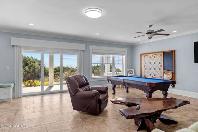 recreation room with light tile patterned flooring, crown molding, billiards, and ceiling fan