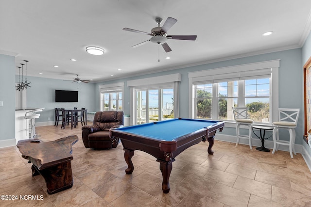 rec room featuring ceiling fan, billiards, plenty of natural light, and crown molding