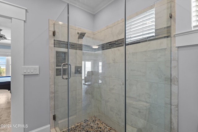 bathroom featuring ceiling fan, ornamental molding, and an enclosed shower