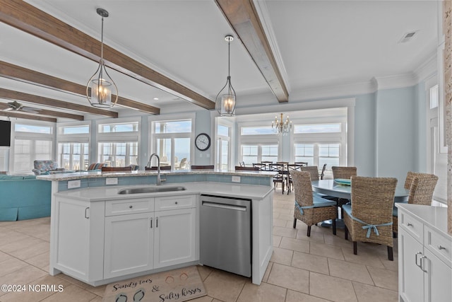 kitchen with white cabinets, a center island with sink, sink, and stainless steel dishwasher