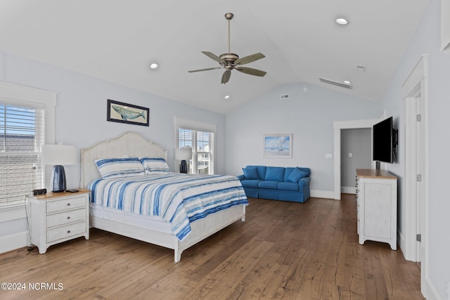 bedroom with lofted ceiling, ceiling fan, and dark wood-type flooring