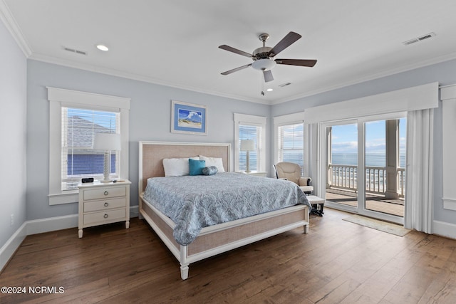 bedroom featuring ceiling fan, access to outside, dark hardwood / wood-style floors, and a water view