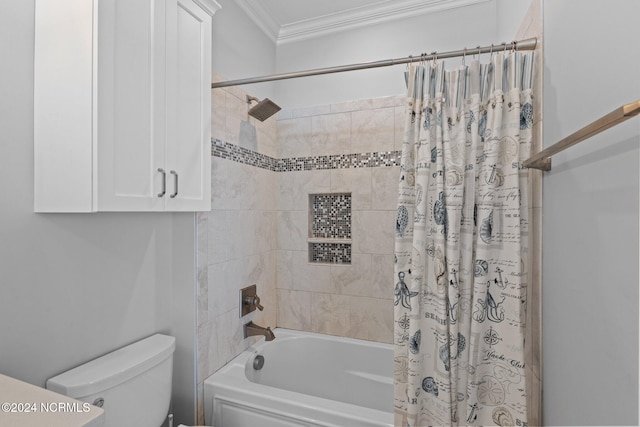 bathroom featuring crown molding, shower / bath combo, and toilet