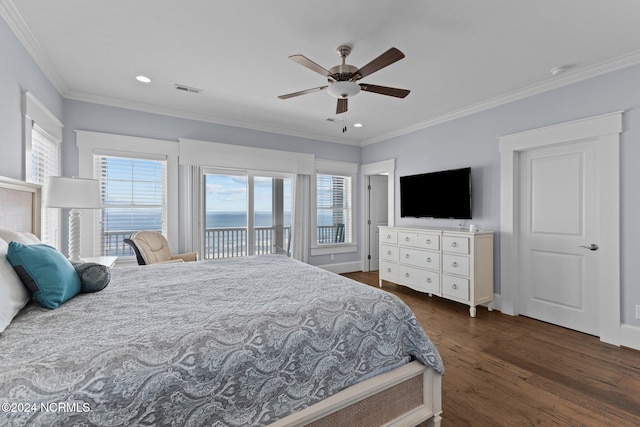 bedroom featuring ceiling fan, access to exterior, dark wood-type flooring, and multiple windows