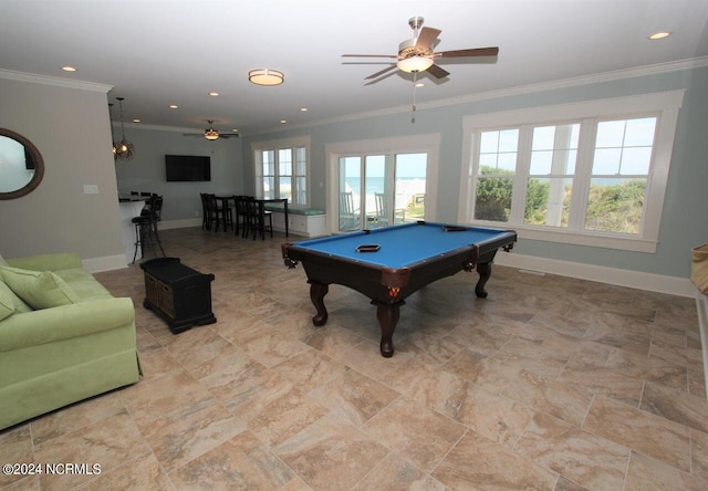 game room featuring pool table, ceiling fan, and crown molding