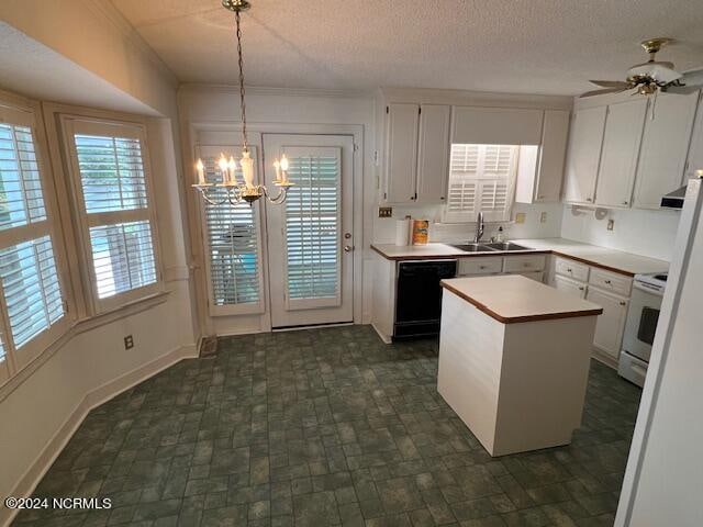 kitchen with sink, a kitchen island, white cabinetry, black dishwasher, and white range with electric stovetop