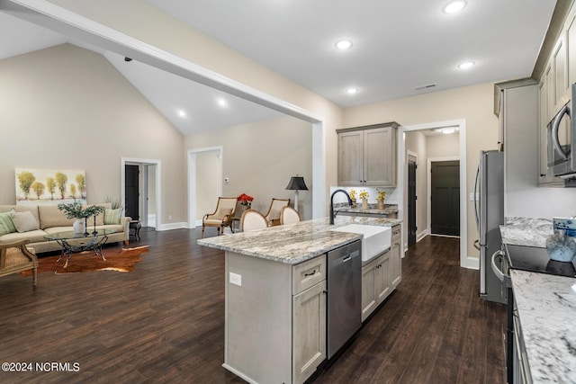 kitchen featuring dark wood finished floors, appliances with stainless steel finishes, open floor plan, light stone countertops, and a sink