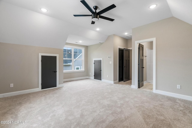 bonus room with baseboards, a ceiling fan, light colored carpet, vaulted ceiling, and recessed lighting