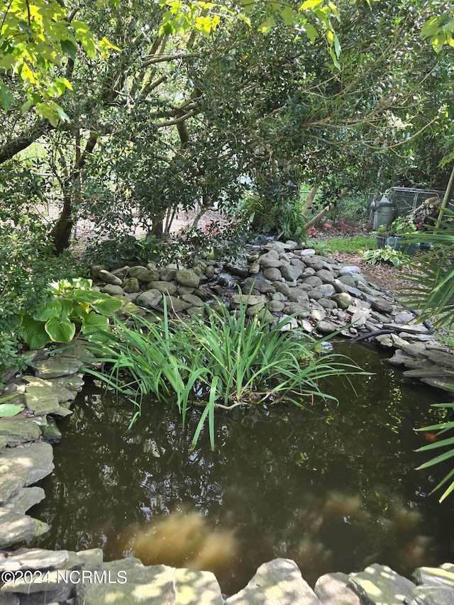 exterior space with a garden pond