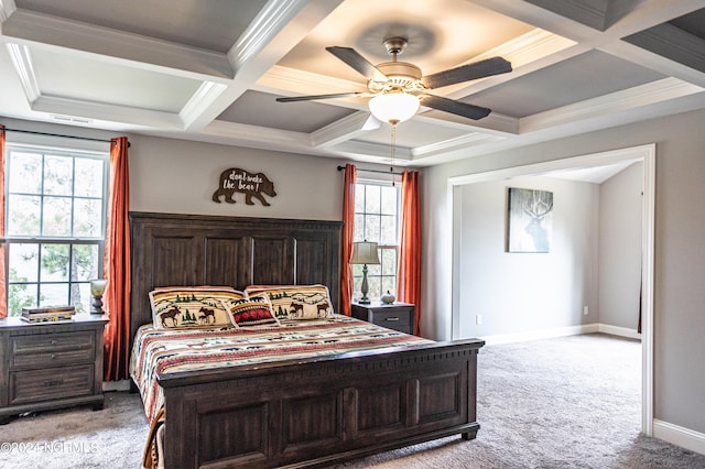 6 Eagle Dr, Foxfire Village, NC 27281 - bedroom with coffered ceiling, light carpet, beamed ceiling, and baseboards