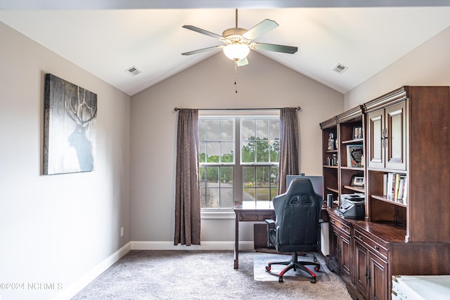 6 Eagle Dr, Foxfire Village, NC 27281 - office area with baseboards, light carpet, visible vents, lofted ceiling, and ceiling fan
