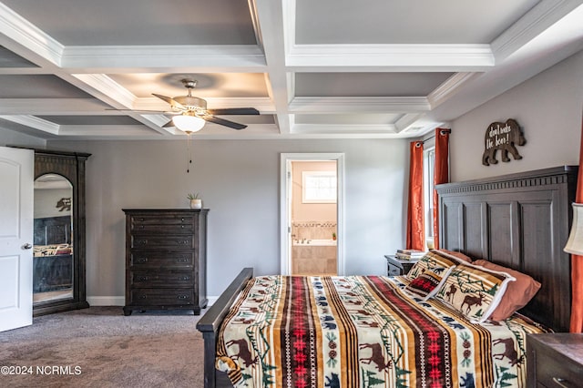 6 Eagle Dr, Foxfire Village, NC 27281 - carpeted bedroom with crown molding, beamed ceiling, coffered ceiling, and ensuite bath