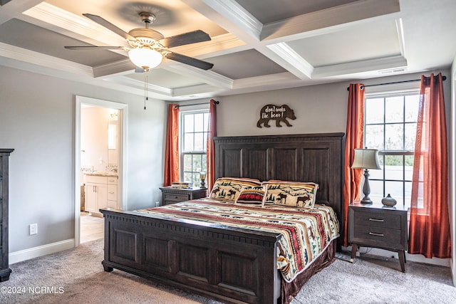6 Eagle Dr, Foxfire Village, NC 27281 - bedroom with beam ceiling, multiple windows, coffered ceiling, and light carpet