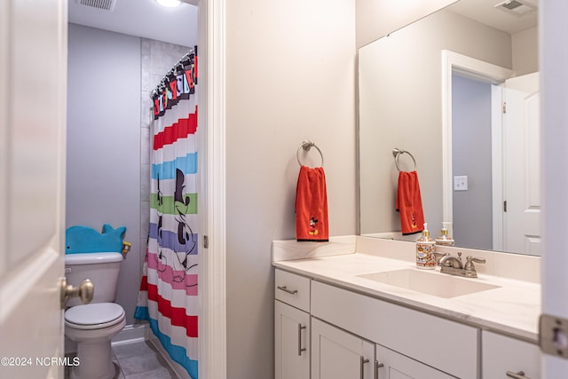 6 Eagle Dr, Foxfire Village, NC 27281 - full bathroom with vanity, a shower with curtain, visible vents, toilet, and tile patterned floors