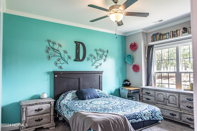 bedroom with ceiling fan, carpet flooring, and crown molding