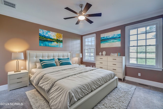 bedroom featuring ceiling fan, multiple windows, carpet floors, and crown molding