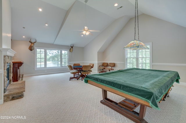 playroom featuring carpet floors, a fireplace, high vaulted ceiling, billiards, and ceiling fan