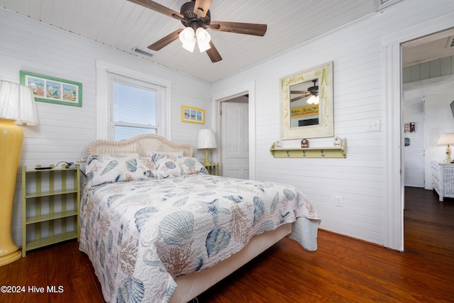 3016 W Beach Dr, Oak Island, NC 28465 - bedroom with wood finished floors, wood walls, wood ceiling, and a ceiling fan