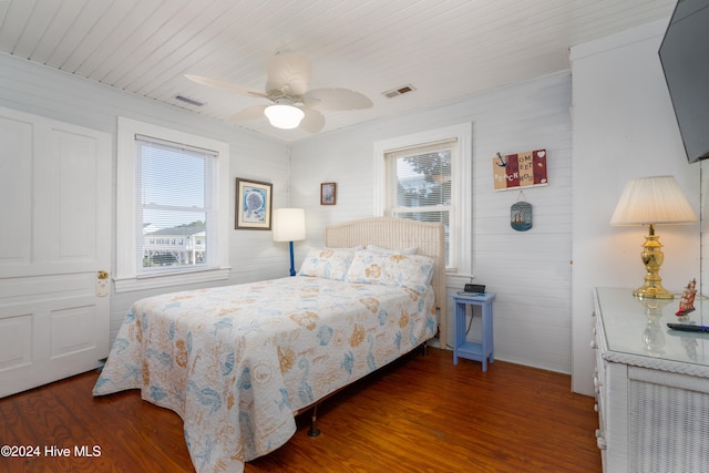 bedroom featuring ceiling fan, wooden ceiling, and dark hardwood / wood-style floors