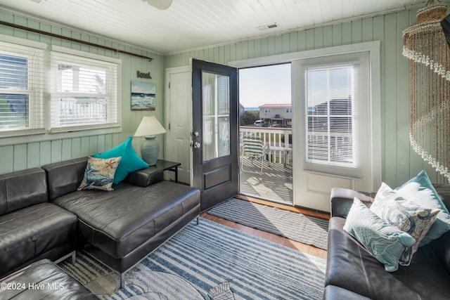3016 W Beach Dr, Oak Island, NC 28465 - living room featuring wood finished floors and wood walls
