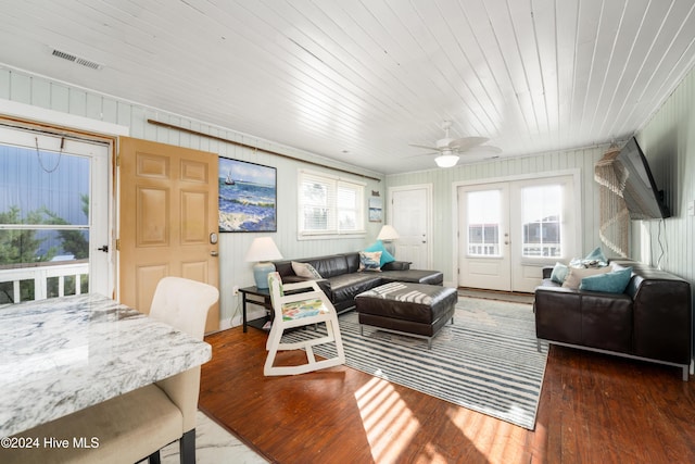 3016 W Beach Dr, Oak Island, NC 28465 - living area with a ceiling fan, hardwood / wood-style floors, french doors, wood ceiling, and wooden walls
