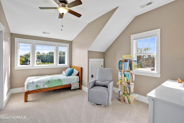 bedroom featuring carpet, multiple windows, and ceiling fan