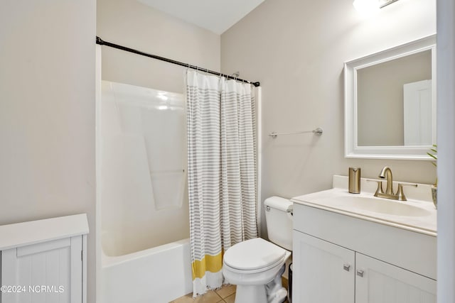 full bathroom featuring vanity, tile patterned floors, toilet, and shower / tub combo with curtain