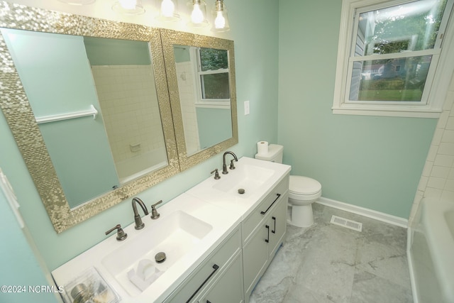 full bathroom featuring plus walk in shower, vanity, and toilet