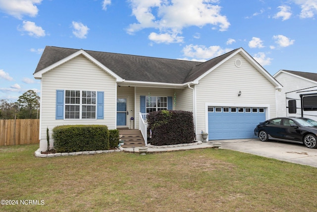 single story home with a garage and a front yard