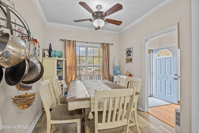 dining space featuring ceiling fan, light hardwood / wood-style flooring, and crown molding