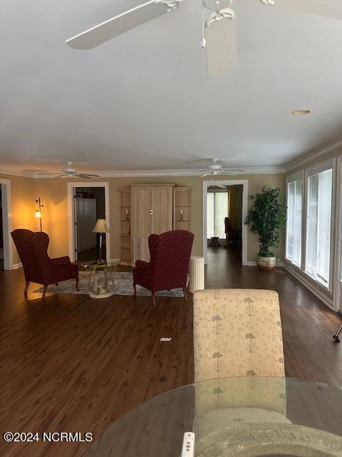 living room featuring ornamental molding, dark hardwood / wood-style floors, radiator heating unit, and ceiling fan