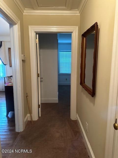 corridor with ornamental molding and dark wood-type flooring