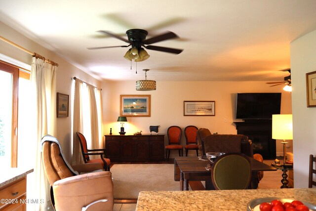 living room featuring ceiling fan