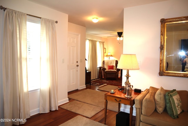 living room with ceiling fan and dark hardwood / wood-style flooring