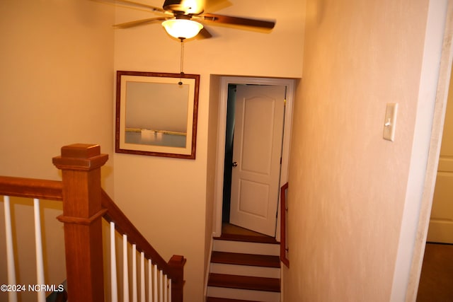 stairway featuring ceiling fan