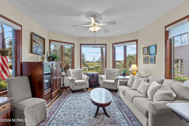 living room featuring hardwood / wood-style floors, a wealth of natural light, and ceiling fan