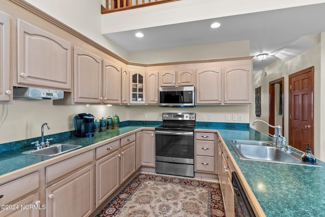 114 SW 21st St, Oak Island, NC 28465 - kitchen with glass insert cabinets, a sink, appliances with stainless steel finishes, and light brown cabinets