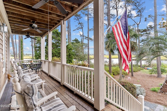 deck featuring a water view and ceiling fan