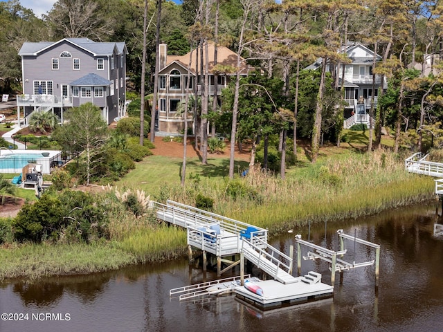 view of dock with a water view