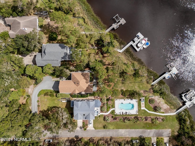 drone / aerial view featuring a water view