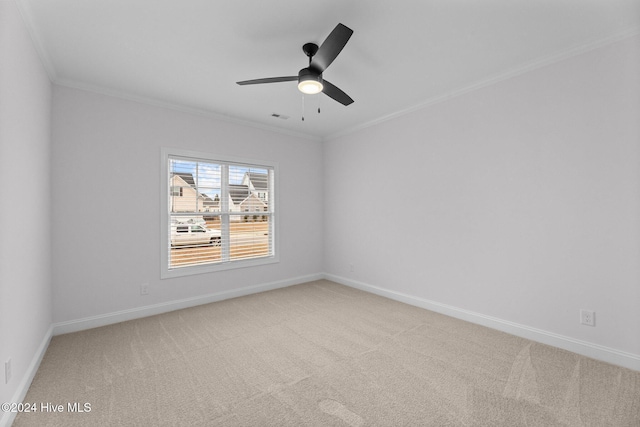 spare room with ceiling fan, carpet floors, and crown molding