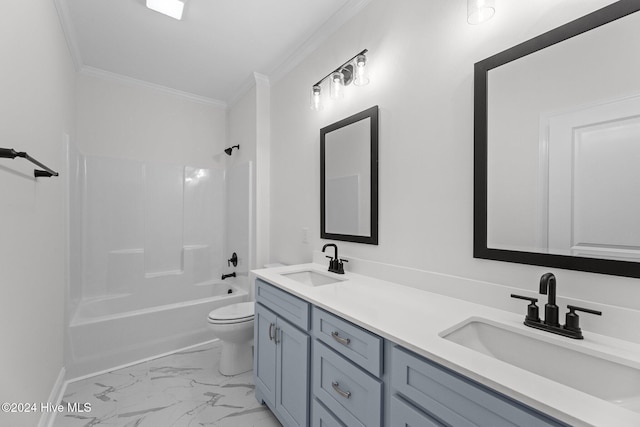 full bathroom featuring shower / bathing tub combination, vanity, toilet, and crown molding