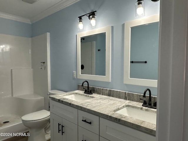 bathroom featuring a shower, crown molding, vanity, and toilet