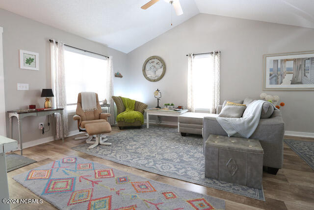 living room with wood-type flooring, plenty of natural light, vaulted ceiling, and ceiling fan