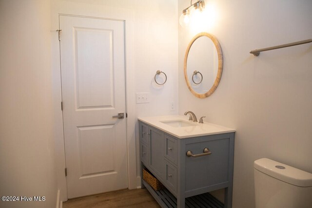 bathroom featuring vanity, toilet, and wood-type flooring